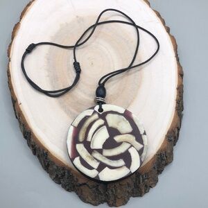 Vintage artisan bone inlay big round pendant statement necklace rustic boho.